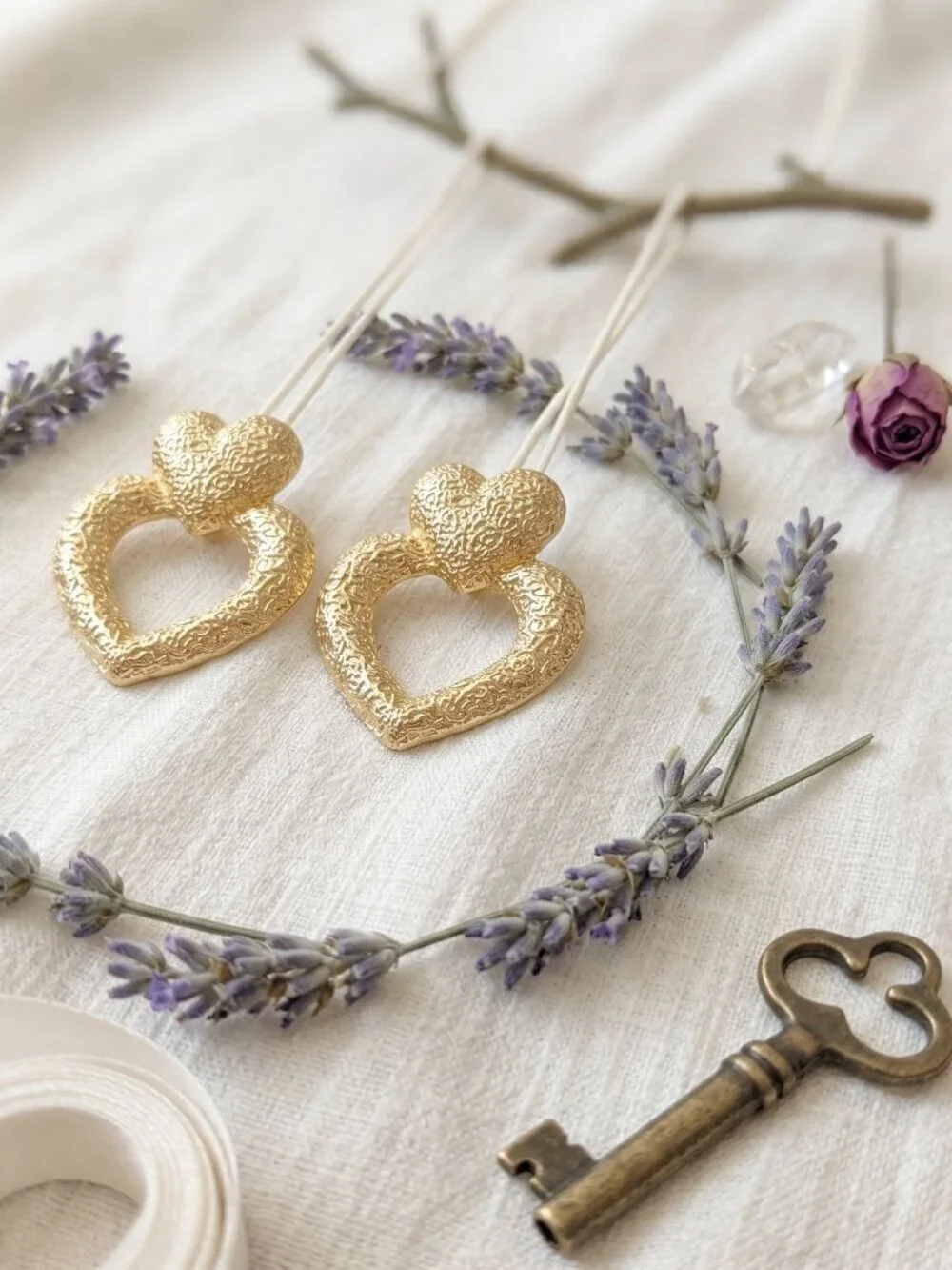 18K Gold Plated SS Coquette Mob Wife Double Heart Hammered Statement Studs 1.9in